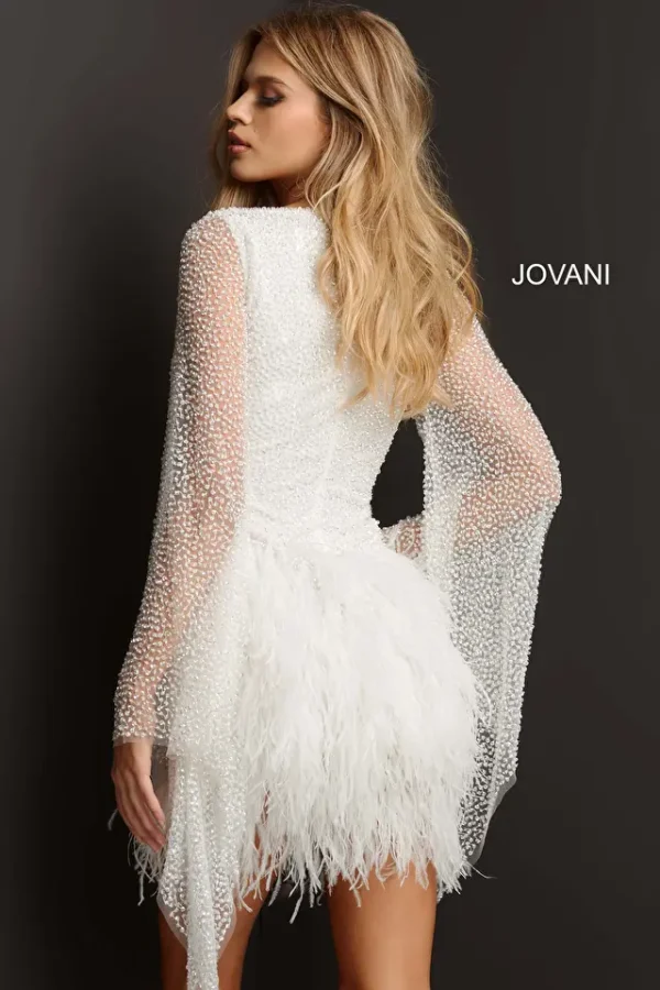 Jovani 07236 | Tulle & Beaded Cocktail Dress with Feather Trim