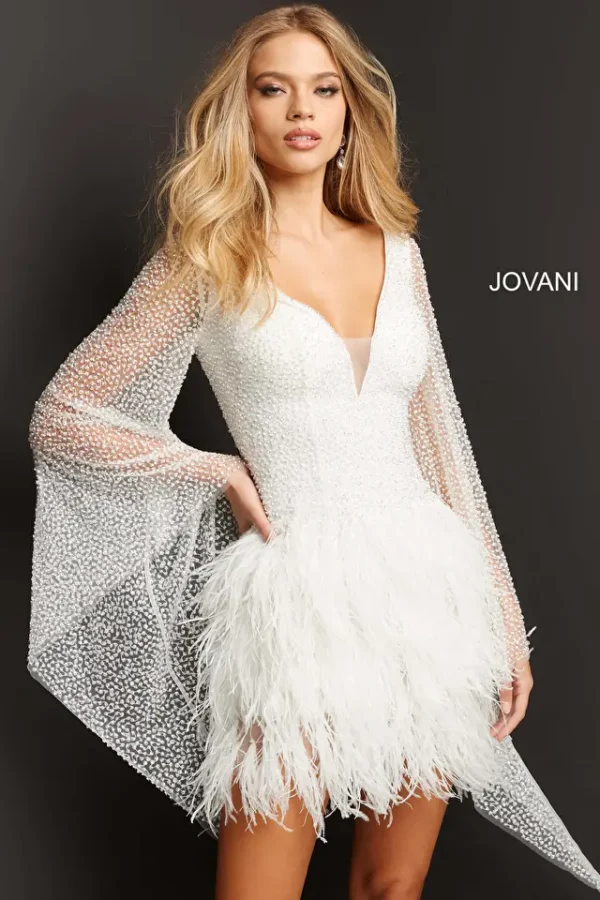 Jovani 07236 | Tulle & Beaded Cocktail Dress with Feather Trim