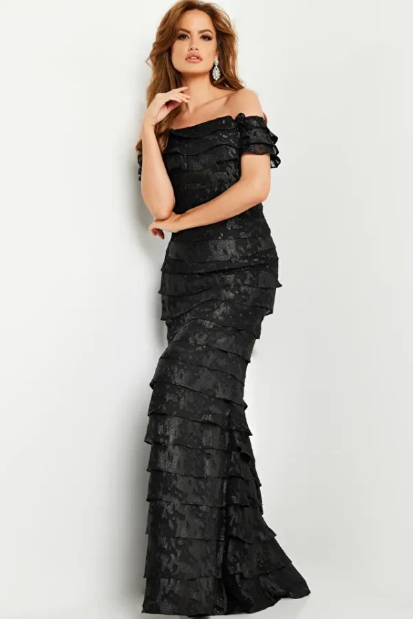 Jovani 23890 | Black Off-Shoulder Sheath Dress with Brocade Fabric