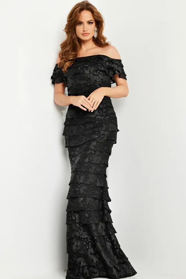 Jovani 23890 | Black Off-Shoulder Sheath Dress with Brocade Fabric