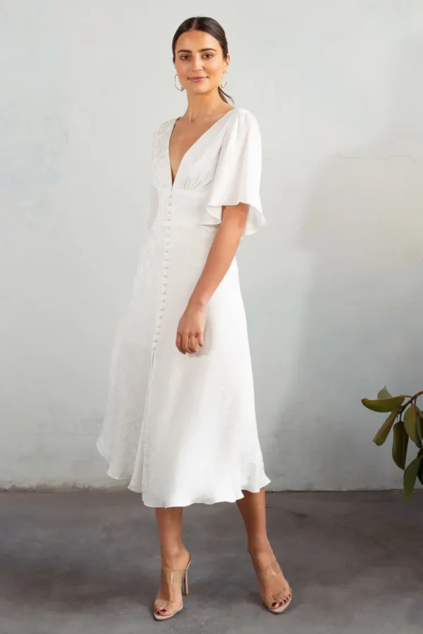Lucinda V-Neck Flutter Sleeve Midi Dress | Jenny Yoo Collection