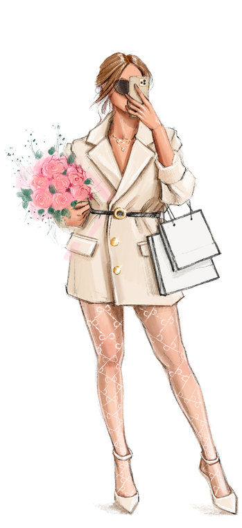 A woman in a white coat and heels holding a bouquet of flowers.