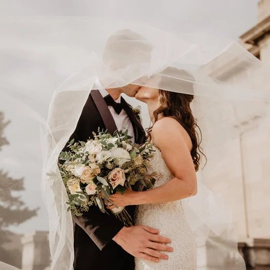 Newlyweds share a kiss under a veil.